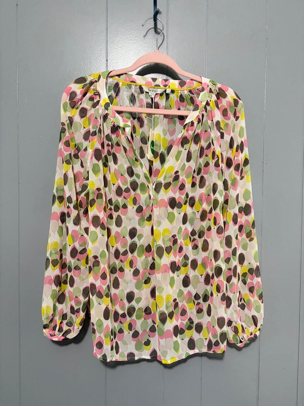 NEW Boden Colorful Pastel Leaf Print Split Neck Sheer Peasant Preppy Top 10